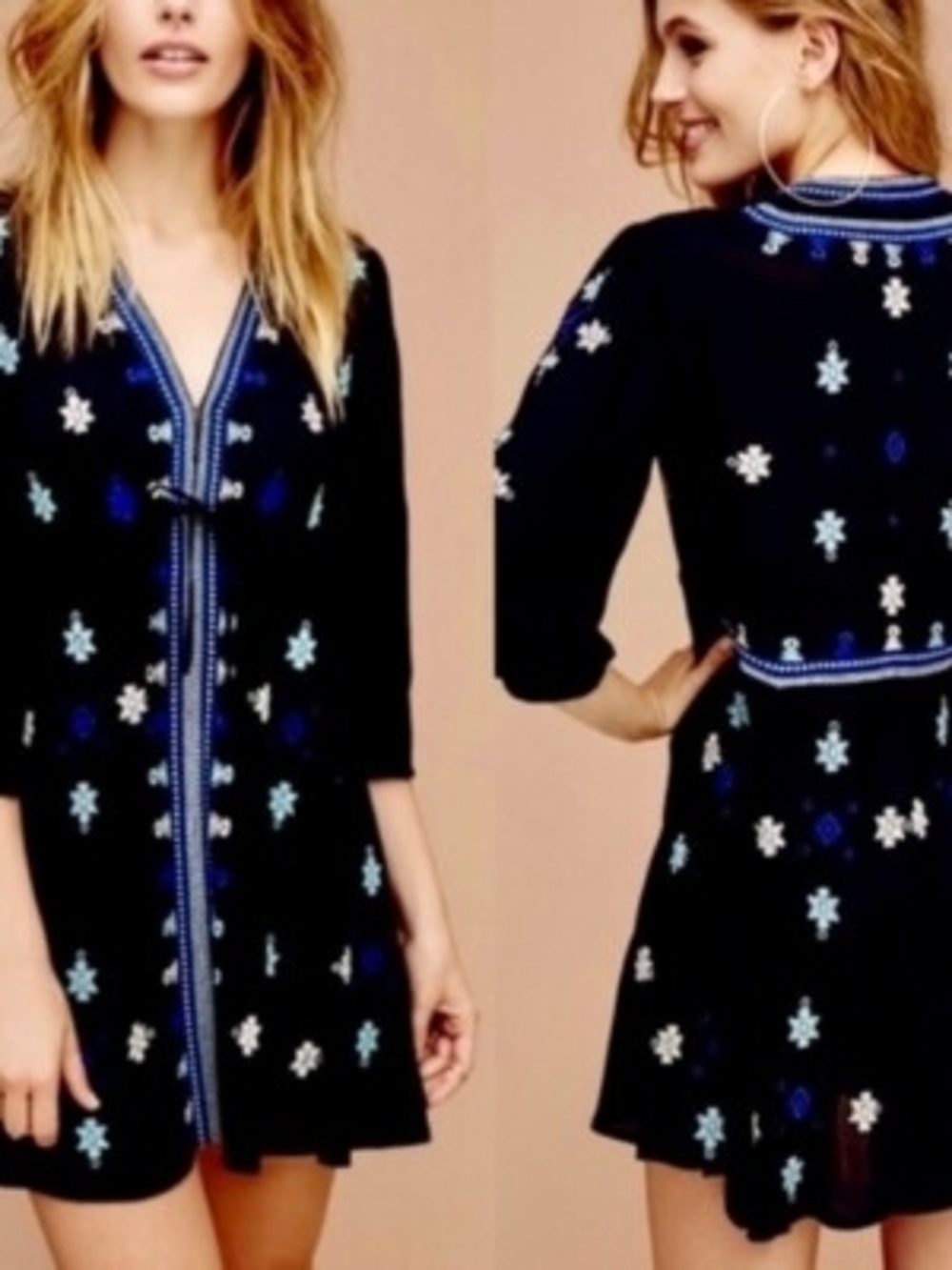 Free People Black Mini Dress with Blue & White Embroidery